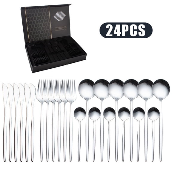 （Flip-Top Box）24 Pieces Silverware Set, Stainless Steel Flatware Cutlery Set for 6, Fancy Tableware Eating Utensils for Home Kitchen Restaurant Hotel，Silver