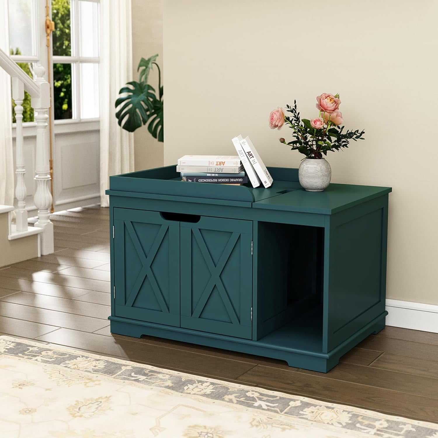 Flip Top Cat Litter Boxes Enclosure Covered Litter Box Hidden Furniture Wooden Cat Washroom Cabinet for , Medium and Large Cat Green