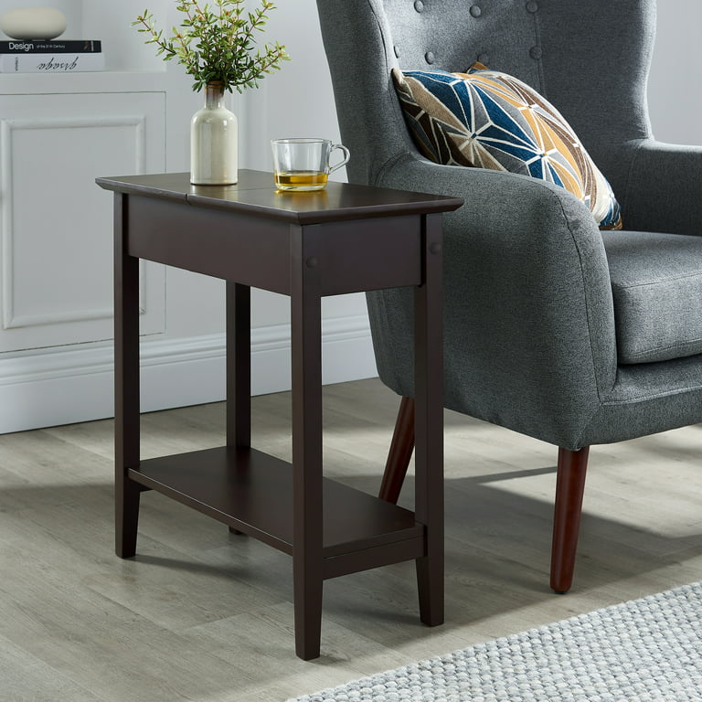 Flip Top Chairside Table with Storage, Narrow Side Tables for Small Spaces,  Slim End Table with Storage Shelf, Skinny Nightstand Sofa Table for