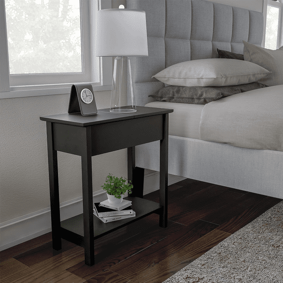 Naomi Home Roxy Narrow Side Table: Stylish Slim End Table with Flip Top Storage & Open Shelf, Black Nightstand for Small Spaces, 22.8" D x 11" W x 23.6" H