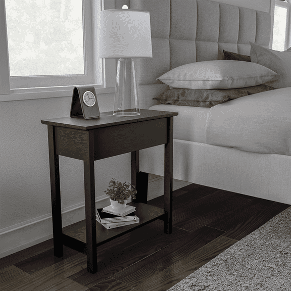 Naomi Home Roxy Narrow Side Table with Flip Top Storage, Slim Nightstand with Shelf for Small Spaces - Black