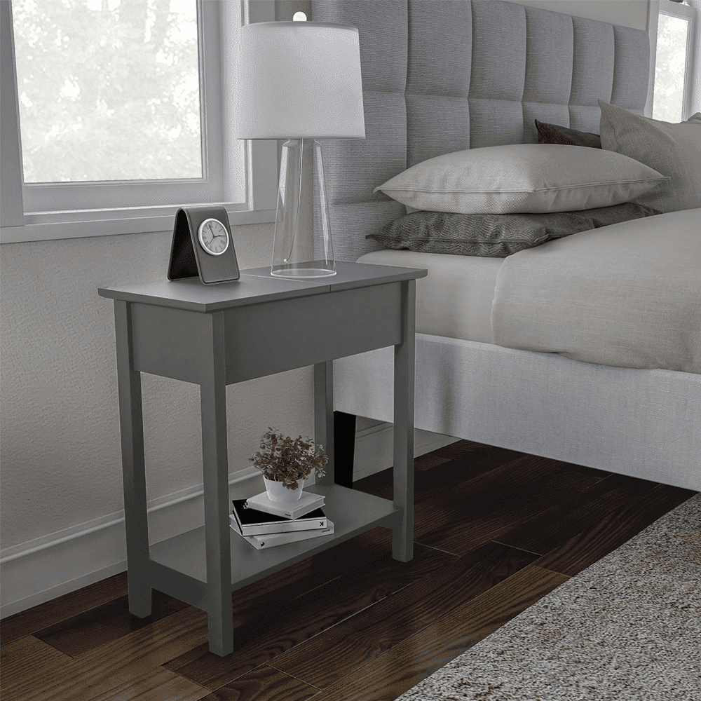 Gray Slim Wood and Metal End Table with Storage