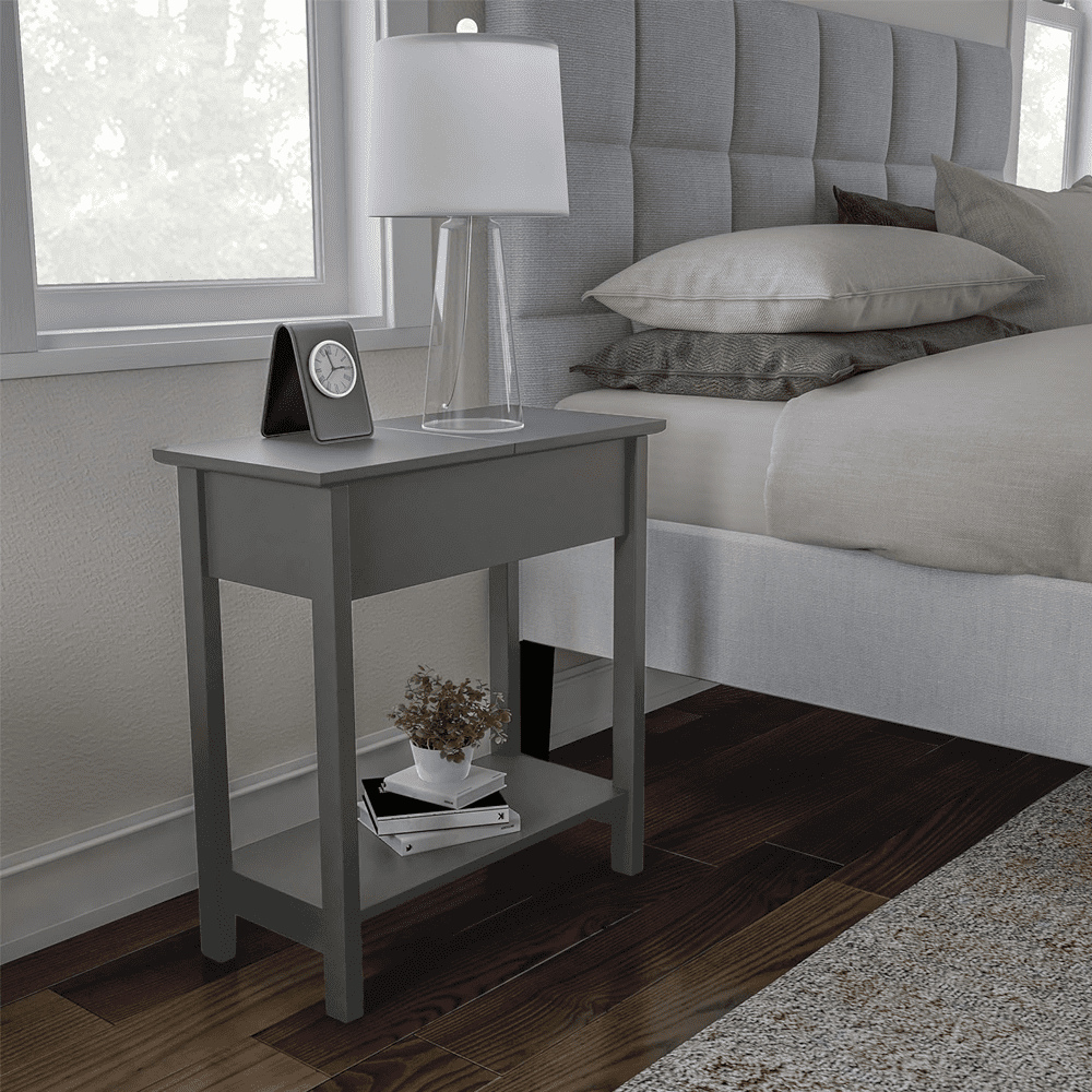 Gray Slim Wood and Metal End Table with Storage