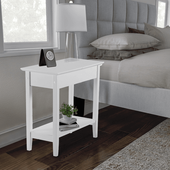 Naomi Home Roxy Narrow Side Table: Stylish Slim End Table with Flip Top Storage & Open Shelf, White Nightstand for Small Spaces, 22.8" D x 11" W x 23.6" H