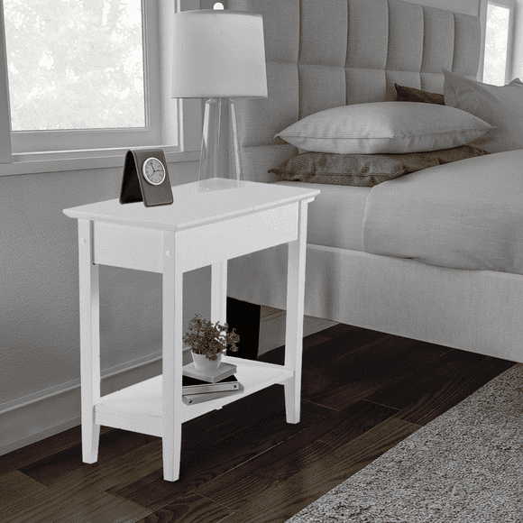 Naomi Home Roxy Narrow Side Table with Flip Top Storage, Slim Nightstand with Shelf for Small Spaces - White