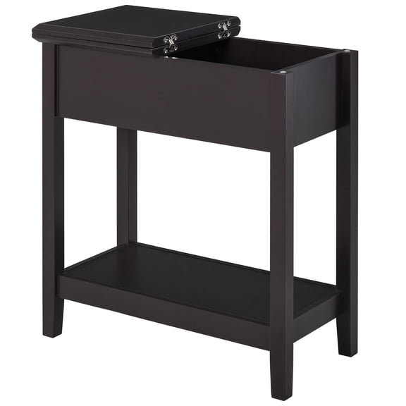 Flip Top Coffee Table with Storage Shelf, Dark Wood End Table for Living Room, Sturdy Cabinet Base