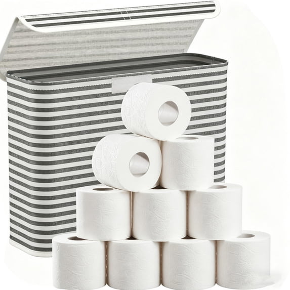 Gray White Stripe Visible Storage Bag, 17.3x13x5.9in Large Capacity Toilet Paper Organizer Pouch for Home Tissue Storage