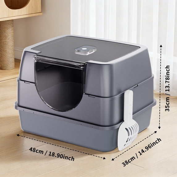 Flip-Top Enclosed Cat Litter Box, Stainless Steel Litter Pan with Plastic Bottom Basin, Activated Carbon Odor Control Splash Proof Dog-Proof Cat Toilet with Litter Scoop and Double-Layer Mat