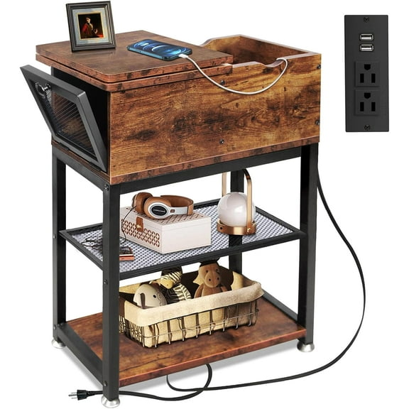 Flip Top End Table for Living Room, 28 inch Side Table, 12" D x 24" W x 28" H, Narrow Side Table with Drawer, 8.4" Deep Drawer, End Table with Charging Station, Steel X-Shaped Frame, Rustic Brown