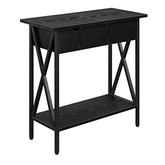 Flip Top End Table with Charging Station & Shelf - Black