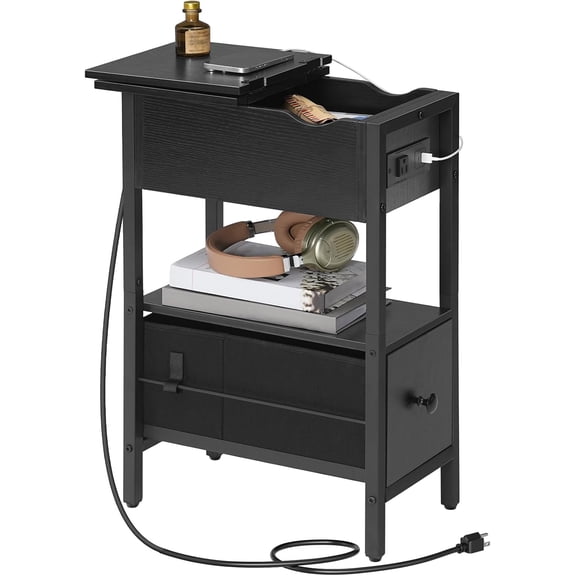Flip-Top End Table with Storage Drawer, Narrow Side Table with Charging Station, Compact Nightstand for Small Spaces, Bedroom & Living Room, Black
