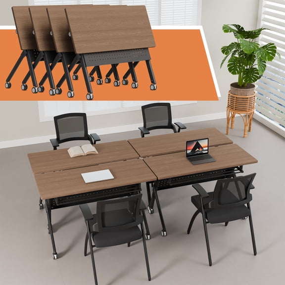 Flip-Top Folding Conference Table, Mobile Training Table with Wheels, Modular Seminar Tables for Office Meeting Room