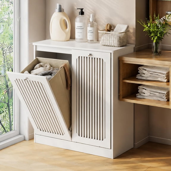 Flip-Top Louvered Laundry Basket Cabinet with Dual Fabric Bins, Floor-Standing Storage Cabinet and Clothes Organizer for Balcony Bathroom, White