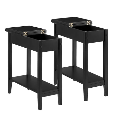 Flip Top Narrow End Table with Storage, Narrow Side Tables for Small Spaces, Slim End Table with Storage Shelf, Sofa Table for Bedroom, Living Room, Set of 2 - Black