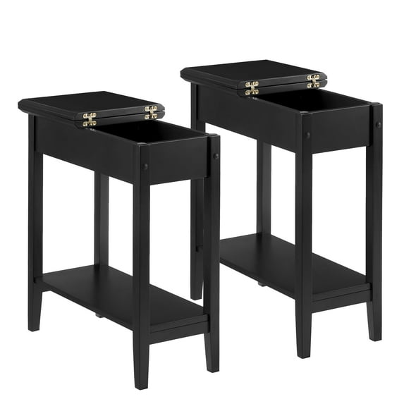 Flip Top Narrow End Table with Storage, Narrow Side Tables for Small Spaces, Slim End Table with Storage Shelf, Sofa Table for Bedroom, Living Room, Set of 2 - Black