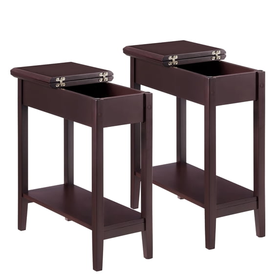 Flip Top Narrow End Table with Storage, Narrow Side Tables for Small Spaces, Slim End Table with Storage Shelf, Sofa Table for Bedroom, Living Room, Set of 2 - Cherry