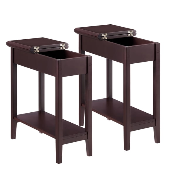 Flip Top Narrow End Table with Storage, Narrow Side Tables for Small Spaces, Slim End Table with Storage Shelf, Sofa Table for Bedroom, Living Room, Set of 2 - Cherry