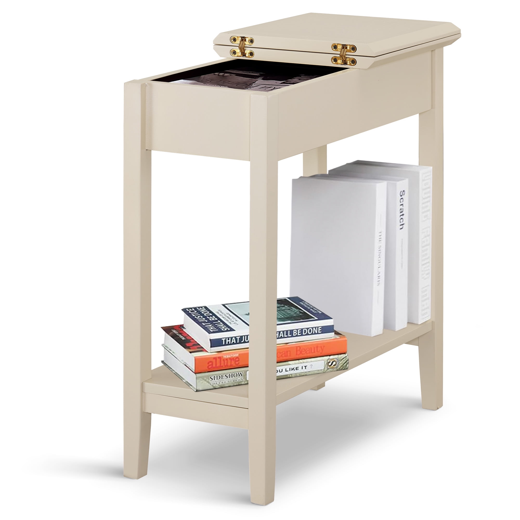 Naomi Home Roxy Flip Top Thin Side Table with Shelves, Bedside Storage