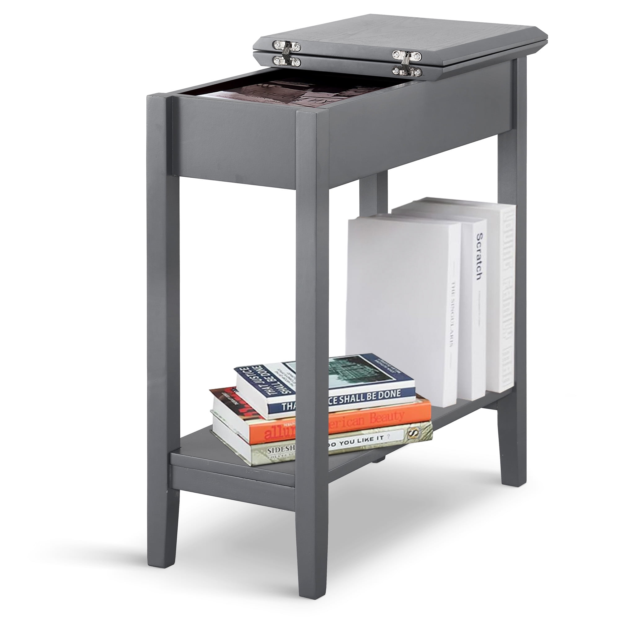 Gray Slim Wood and Metal End Table with Storage