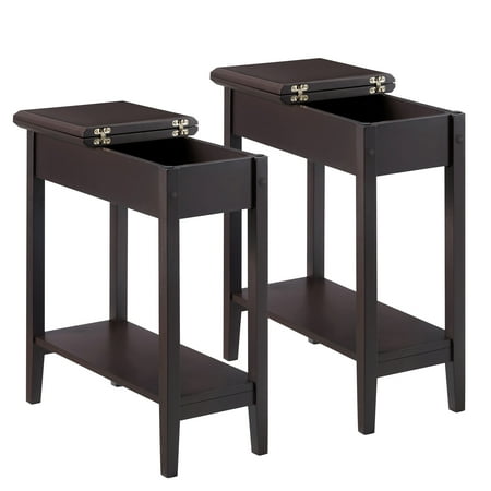 Flip Top Narrow End Table with Storage, Narrow Side Tables for Small Spaces, Slim End Table with Storage Shelf, Sofa Table for Bedroom, Living Room, Set of 2 - Espresso