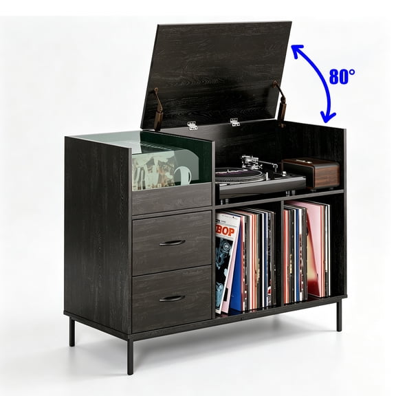 Flip-Top Phonograph Storage Rack, With Built-In Charging Station, Large Storage Space, Hold 300+ Records, Sturdy & Durable, 35.43" W *14.92" D *27.56" H