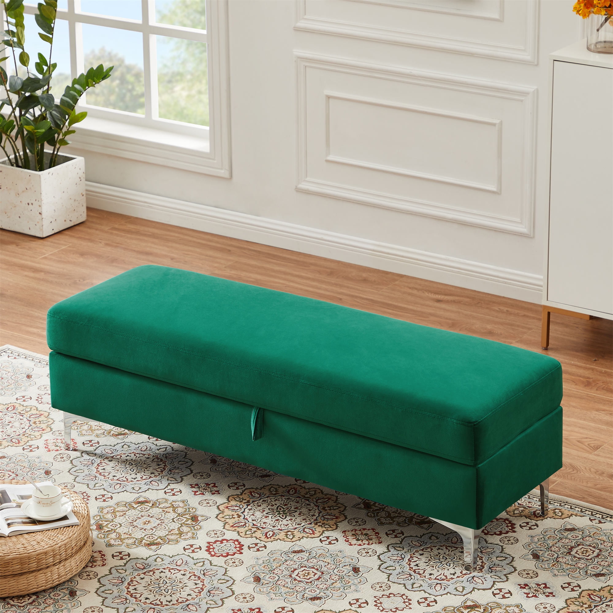 FlipTop Storage Bench, Tufted Velvet Fabric Ottoman Storage Bench