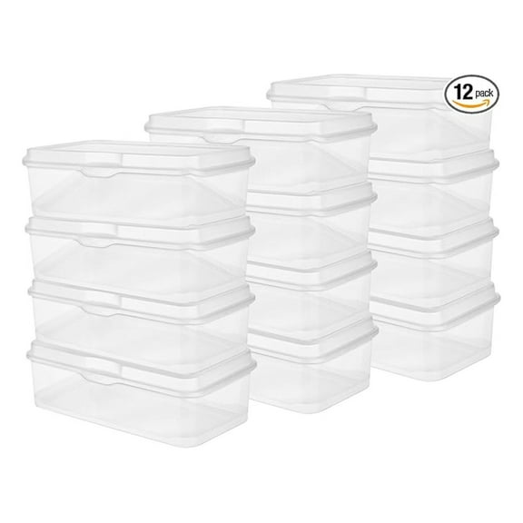 Flip Top Storage Boxes 12-Pack - Stackable Rectangular Containers with Hinged Lid - Organizing Bins for Home, Office, Craft Supplies - 13.125" x 7.625" x 4.5"