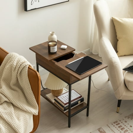Flip Top Table with Built-In Outlets, End Table with Storage, Walnut Brown