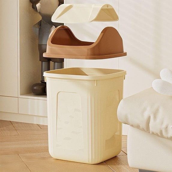 Flip-Top Trash Can with Lid, Plastic Waste Bin for Office Bathroom Bedroom, Space-Saving Desk Side Trash Can, Modern Compact Garbage Bin(Square Khaki, 9x9x13in)