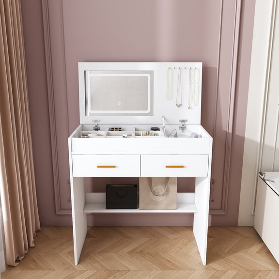 Flip-Top Vanity Desk with LED Lighted Mirror & Built-in Outlet - Makeup Vanity Table with 2 Drawers, Open Storage Space & Jewelry Hooks, White (Stool Not Included)