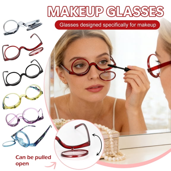 Flip-Up Double-Lens Magnifying Makeup Reading Glasses, Rotatable Flip-Down Lensed Eyewear, Lightweight Frame Magnifiers for Women's Cosmetic Application, Close-Up Reading & Daily
