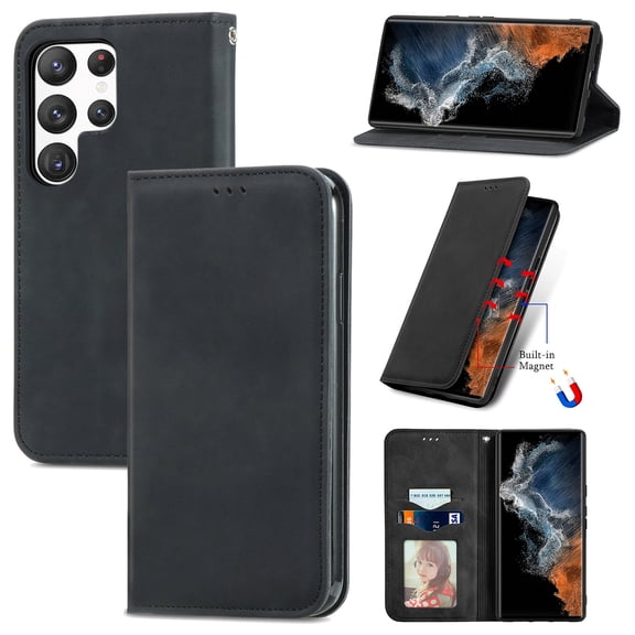 Flip Wallet Case Compatible with Samsung Galaxy S25 Ultra, PU Leather Magnetic Folio Cover with with Card Holder & Stand Function Shockproof Durable Full Protection Phone Case, for Men Women, Black