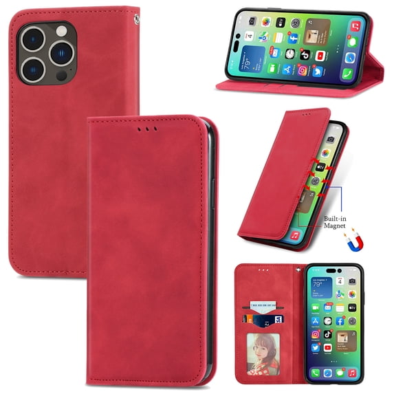 Flip Wallet Case Compatible with iPhone 16 Pro Max, PU Leather Magnetic Folio Cover with with Card Holder & Stand Function Shockproof Durable Full Protection Phone Case, for Men Women, Red