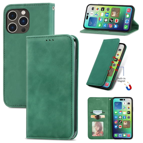 Flip Wallet Case Compatible with iPhone 16 Pro Max, PU Leather Magnetic Folio Cover with with Card Holder & Stand Function Shockproof Durable Full Protection Phone Case, for Men Women, Green