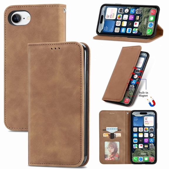 Flip Wallet Case Compatible with iPhone 16e, PU Leather Magnetic Folio Cover with with Card Holder & Stand Function Shockproof Durable Full Protection Phone Case, for Men Women, Brown
