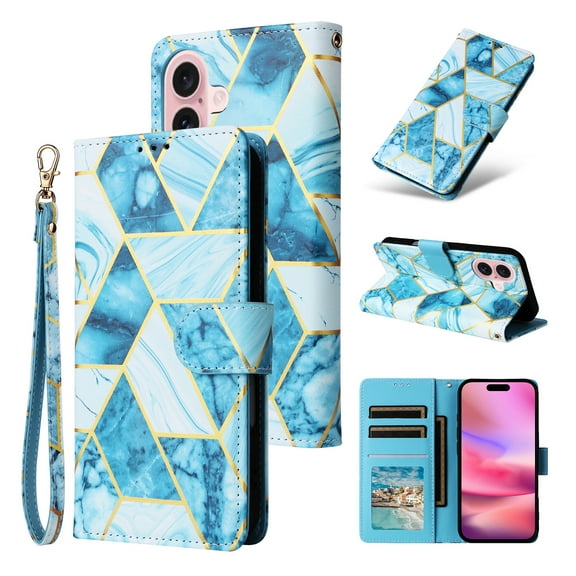 Flip Wallet Case Designed for iPhone 17, Marble Pattern PU Leather Kickstabd with Credit Card Slots Cash Pocket Drop Protective Phone Case Cover for iPhone 17, Blue