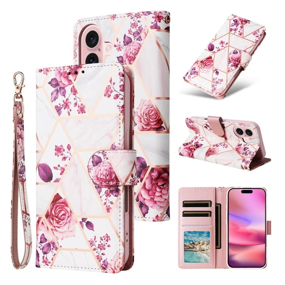 Flip Wallet Case Designed for iPhone 17, Marble Pattern PU Leather Kickstabd with Credit Card Slots Cash Pocket Drop Protective Phone Case Cover for iPhone 17, Rosegold