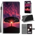 thumbnail image 1 of Flip Wallet Case for Google Pixel 8, with Kickstand Credit Card Holder Slot Cute Pattern Magnetic Clasp Premium PU Leather Protective Case with Wrist Strap - Black Tree + Sunset, 1 of 10