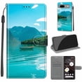 thumbnail image 1 of Flip Wallet Case for Google Pixel 8, with Kickstand Credit Card Holder Slot Cute Pattern Magnetic Clasp Premium PU Leather Protective Case with Wrist Strap - Boat, 1 of 10