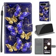 thumbnail image 1 of Flip Wallet Case for Google Pixel 8 Pro, with Kickstand Credit Card Holder Slot Cute Pattern Magnetic Clasp Premium PU Leather Protective Case with Wrist Strap - Golden Blue Butterfly, 1 of 10