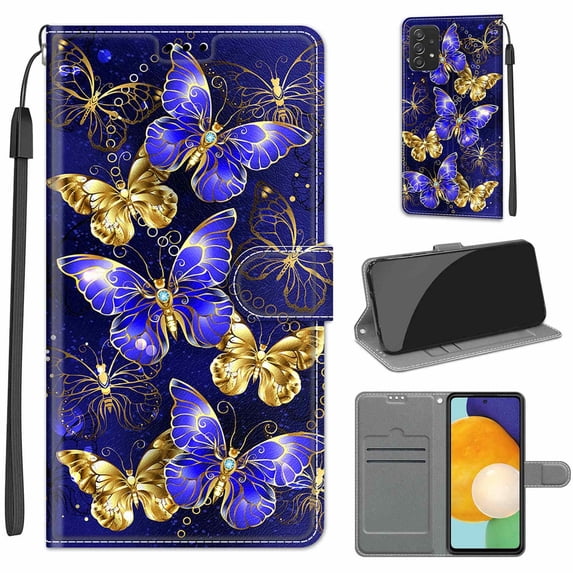 Flip Wallet Case for Samsung Galaxy A53 5G, with Kickstand Credit Card Holder Slot Cute Pattern Magnetic Clasp Premium PU Leather Protective Case with Wrist Strap - Golden Blue Butterfly