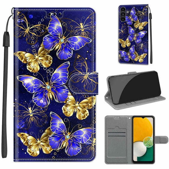 Flip Wallet Case for Samsung Galaxy A54 5G, with Kickstand Credit Card Holder Slot Cute Pattern Magnetic Clasp Premium PU Leather Protective Case with Wrist Strap - Golden Blue Butterfly