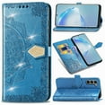 thumbnail image 1 of Flip Wallet Case for Samsung Galaxy S21, Bling Diamond Embossed Cover [Premium PU Leather+TPU Bumper][3 Card Slots][Stand Function][Magnetic Closure][Wrist Strap] Shockproof Case,Blue, 1 of 10