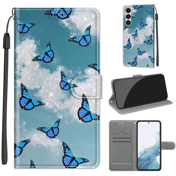 Flip Wallet Case for Samsung Galaxy S23 Plus, with Kickstand Credit Card Holder Slot Cute Pattern Magnetic Clasp Premium PU Leather Protective Case with Wrist Strap - White Cloud + Blue Butterfly