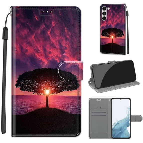 Flip Wallet Case for Samsung Galaxy S23 Plus, with Kickstand Credit Card Holder Slot Cute Pattern Magnetic Clasp Premium PU Leather Protective Case with Wrist Strap - Black Tree + Sunset