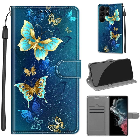Flip Wallet Case for Samsung Galaxy S23 Ultra, with Kickstand Credit Card Holder Slot Cute Pattern Magnetic Clasp Premium PU Leather Protective Case with Wrist Strap - Two Green Butterflies