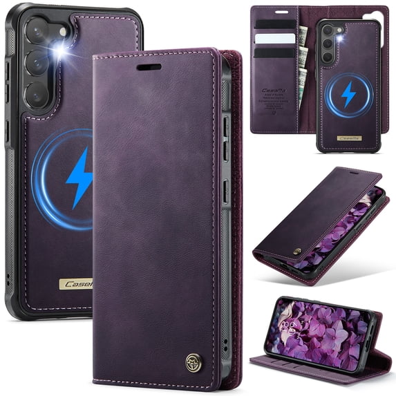 Flip Wallet Case For Samsung Galaxy S23,Vintage PU Leather Magnetic Folio Cover with Detachable 2 in 1 Cash & Card Holder,Kickstand - Soft inner TPU Shockproof Durable Phone Case,Purple