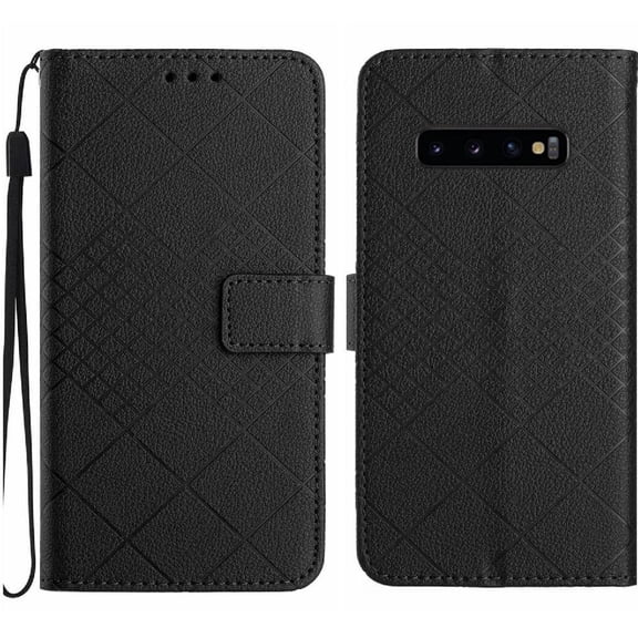Flip Wallet Case for Samsung Galaxy S10 Plus with Kickstand & Wrist Strap, Shockproof TPU Inner Black