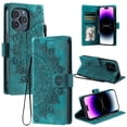thumbnail image 1 of Flip Wallet Case for iPhone 14 Pro Max, Floral Pattern PU Leather Shockproof & Card Slots Full Body Protection Wrist Strap Kickstand Rugged Phone Cover for iPhone 14 Pro Max, Green, 1 of 8