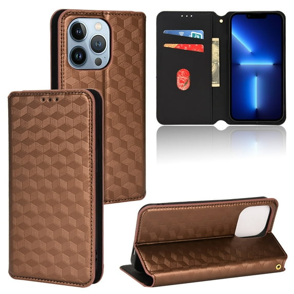 Flip Wallet Case for iPhone 14 Pro, Plating PU Leather with RFID Blocking Credit Card & Cash Slot Kickstand Magnetic Closure Full Protective Phone Cover Women Men for iPhone 14 Pro, Brown